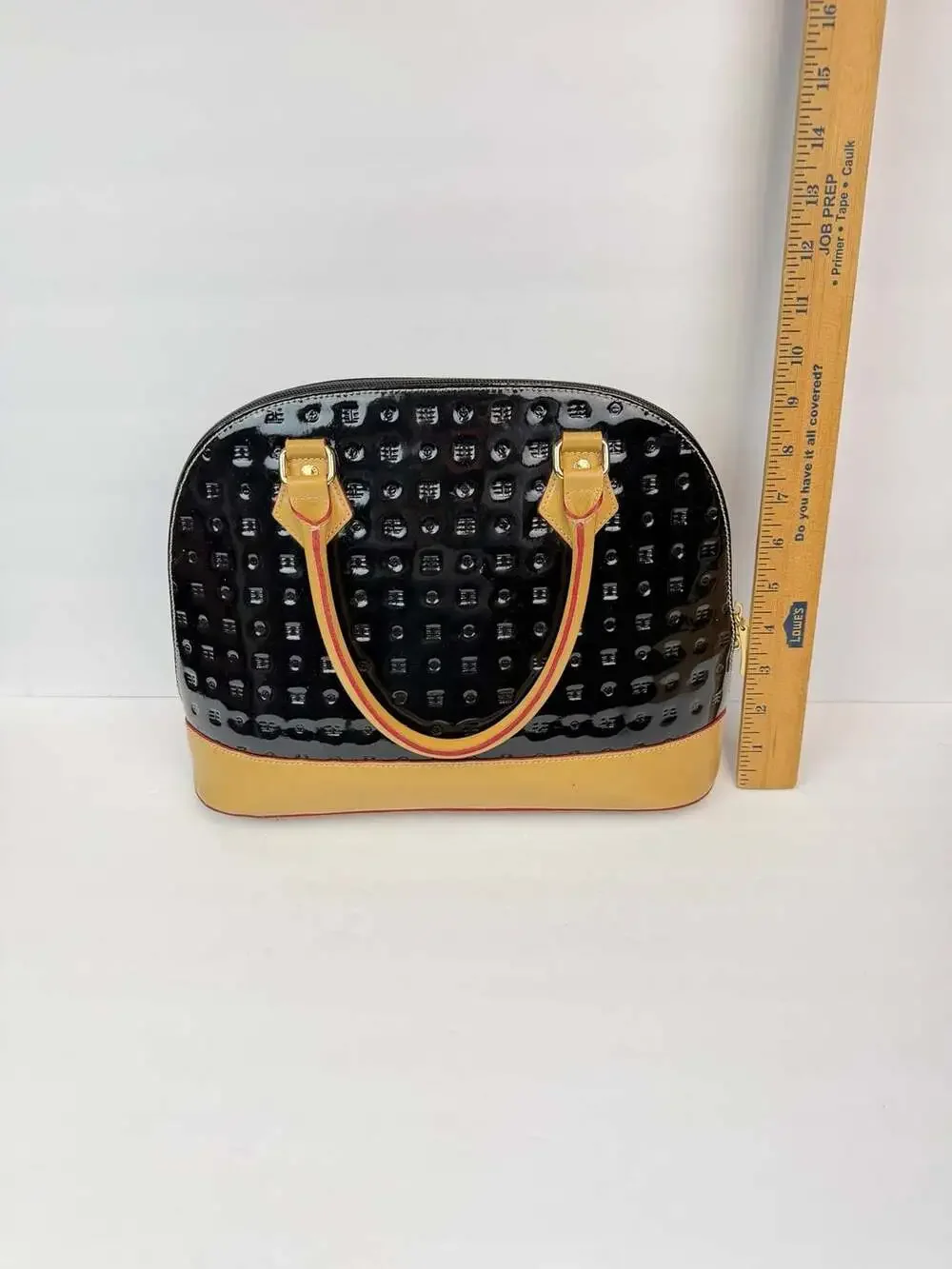 Arcadia Italian Dome Satchel Handbag in Black Patent Leather with Beige Trim